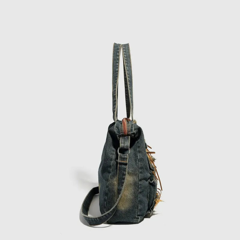WASHED VINTAGE DENIM SHOULDER BAG