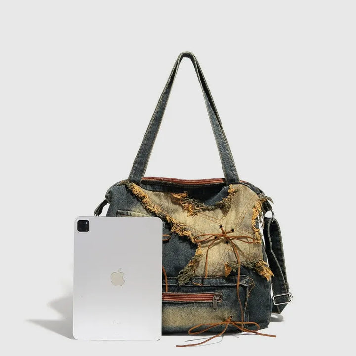 WASHED VINTAGE DENIM SHOULDER BAG