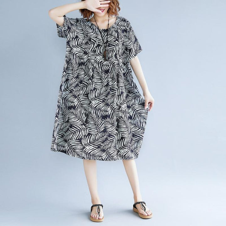 women print cotton linen dresses plus size clothing short sleeve baggy dresses New o neck traveling dress