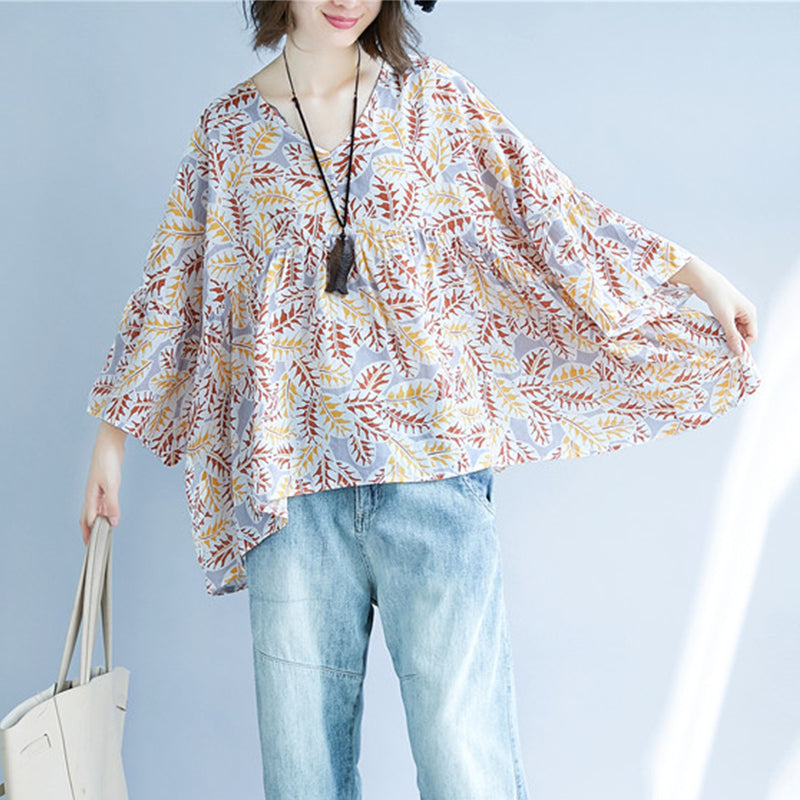 women print cotton linen pullover trendy plus size traveling blouse vintage o neck Extra large hem cotton clothing